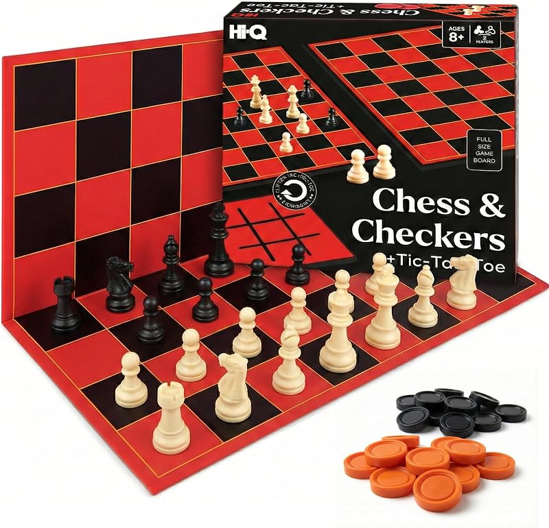 3-in-1 Chess, Checkers & Tic-Tac-Toe Game Set – Double-Sided Folding